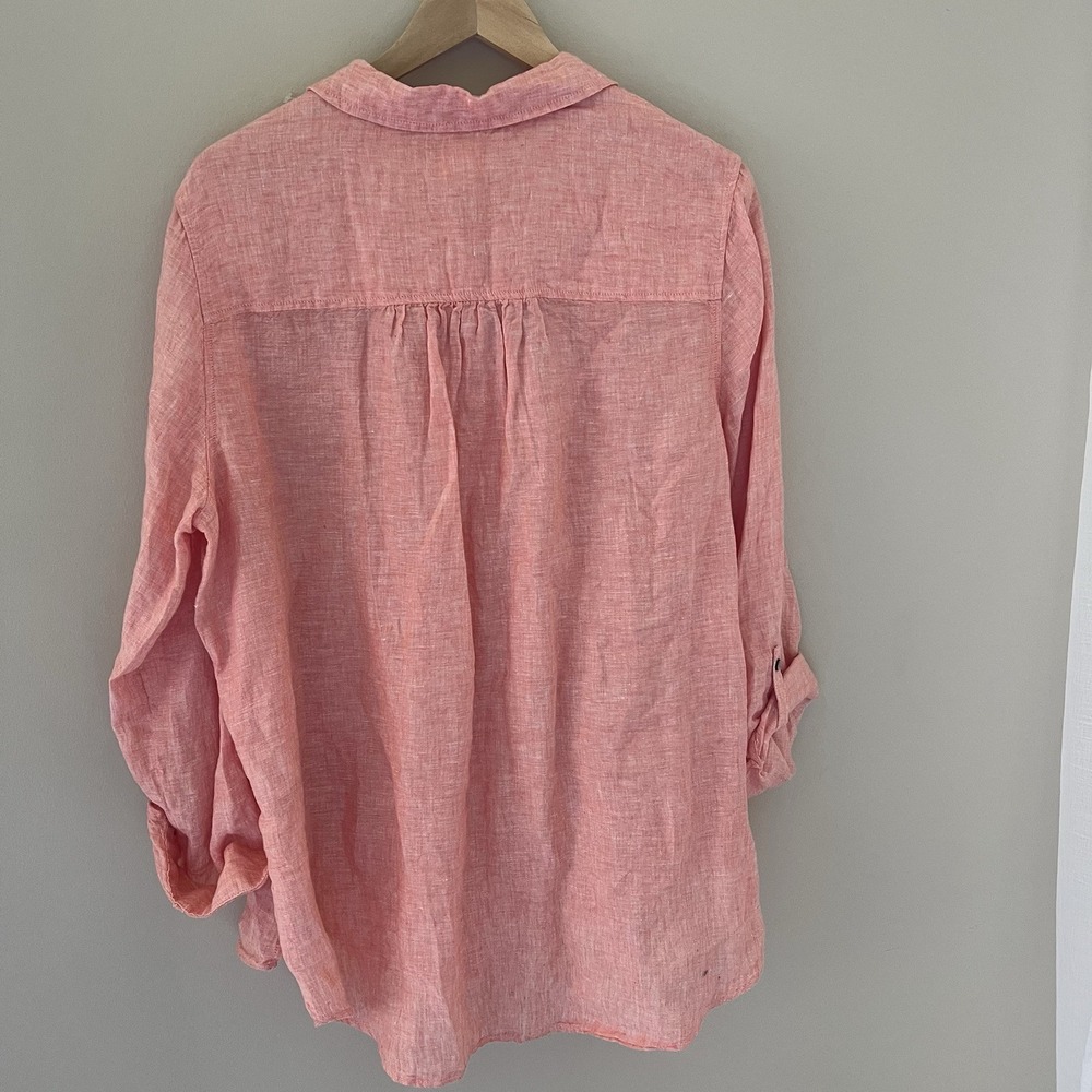 Sigrid Olsen Linen Tunic Women's L Collared Popover Top Button Roll Tab Peach - Picture 7 of 11